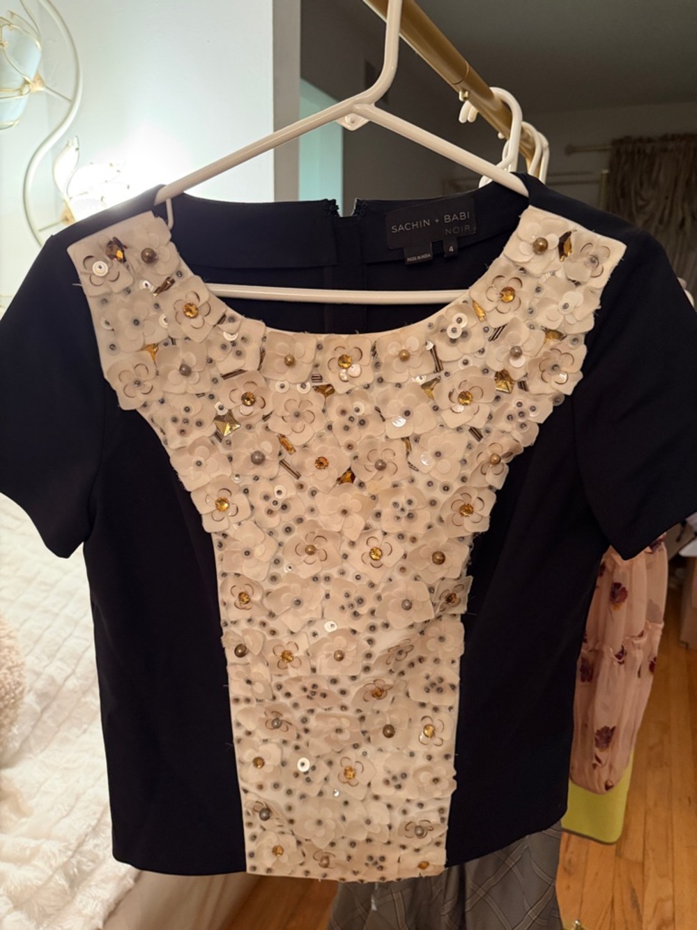 Sachin + Babi Black Top with Ivory Floral Embellishment and Gold Sequins